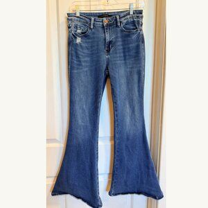 Flying Monkey High Rise Super Flare Jeans Size 28 Medium Wash Distressed Hem